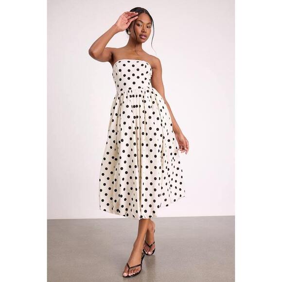 Lulus Dresses & Skirts - NWOT Lulus Ivory Polka Dot Strapless Bubble-hem Midi Dress White - Size L